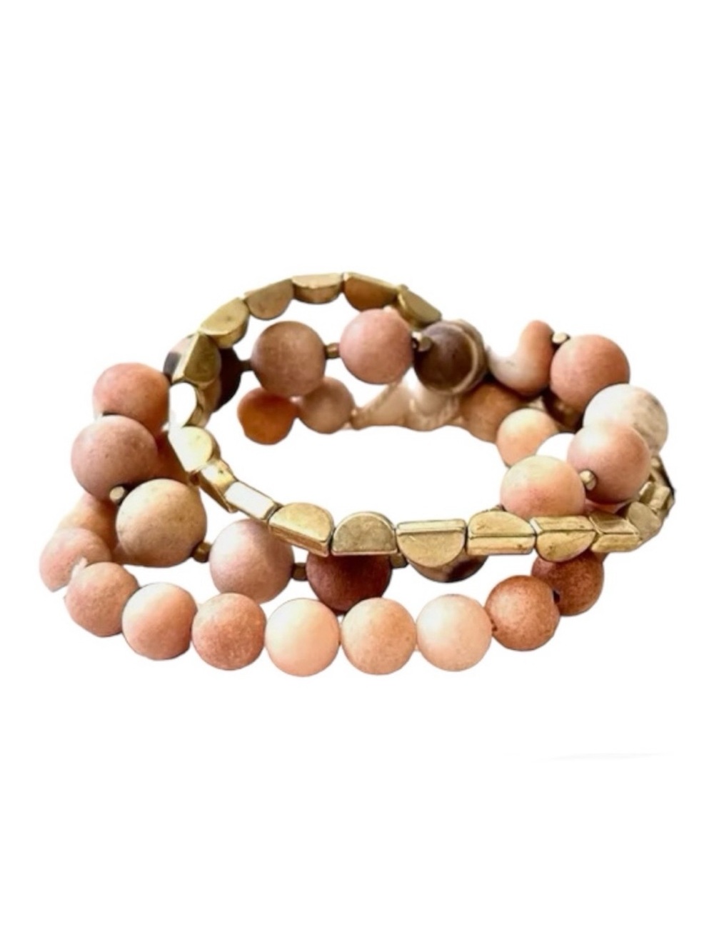 Universal Thread Brushed Gold and Pink Genuine Stone Stretch Bracelet Set of 3